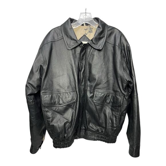 Burks Bay Jacket Mens Large Black Leather Full Zip Bomber Biker Riding